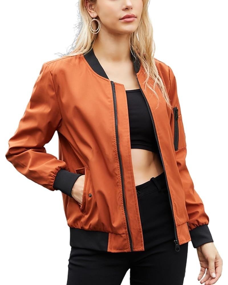 Women's Long Sleeve Letterman Jacket Windproof Casual Lightweight Windbreaker Fall Soft Zipper Pocket Bomber Jackets Brown $2...