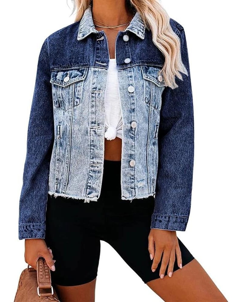 Women's Jean Jacket Frayed Washed Button Up Cropped Denim Jacket With Pockets Vintage Blue $17.64 Jackets