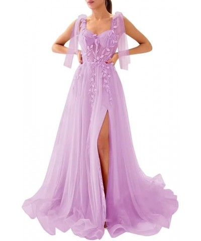 Appliques Tulle Prom Dresses Spaghetti Straps Formal Dresses with Slit Sweetheart Ball Gown Lilac $48.22 Dresses