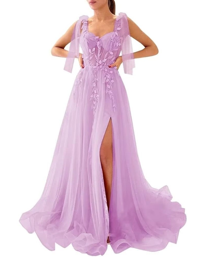 Appliques Tulle Prom Dresses Spaghetti Straps Formal Dresses with Slit Sweetheart Ball Gown Lilac $48.22 Dresses