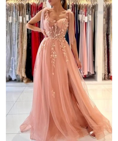 Appliques Tulle Prom Dresses Spaghetti Straps Formal Dresses with Slit Sweetheart Ball Gown Lilac $48.22 Dresses