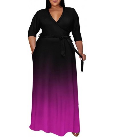 Plus Size Dresses for Women Gradient Maxi Dress Flowy 3/4 Sleeve with Belt 03black Rose Gradient $21.83 Dresses