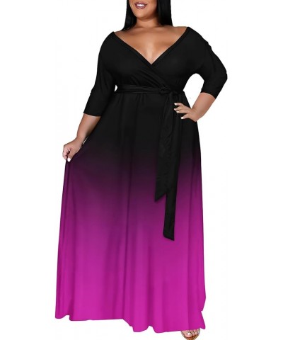 Plus Size Dresses for Women Gradient Maxi Dress Flowy 3/4 Sleeve with Belt 03black Rose Gradient $21.83 Dresses