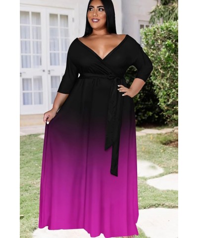 Plus Size Dresses for Women Gradient Maxi Dress Flowy 3/4 Sleeve with Belt 03black Rose Gradient $21.83 Dresses