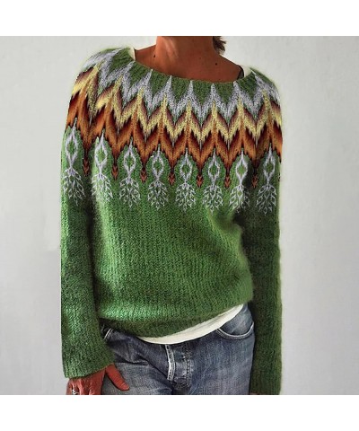 Womens Fair Isle Knitted Sweater Vintage Pullover Casual Loose Crewneck Long Sleeve Warm Sweater Tops A01 $18.54 Sweaters