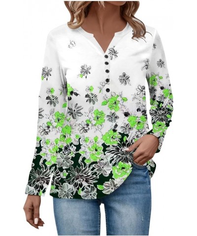 Long Sleeve Tee Shirts for Women V Neck Button Down Shirts Ethnic Floral Tunic Top Dressy Casual Henley Work Blouse 3-green $...