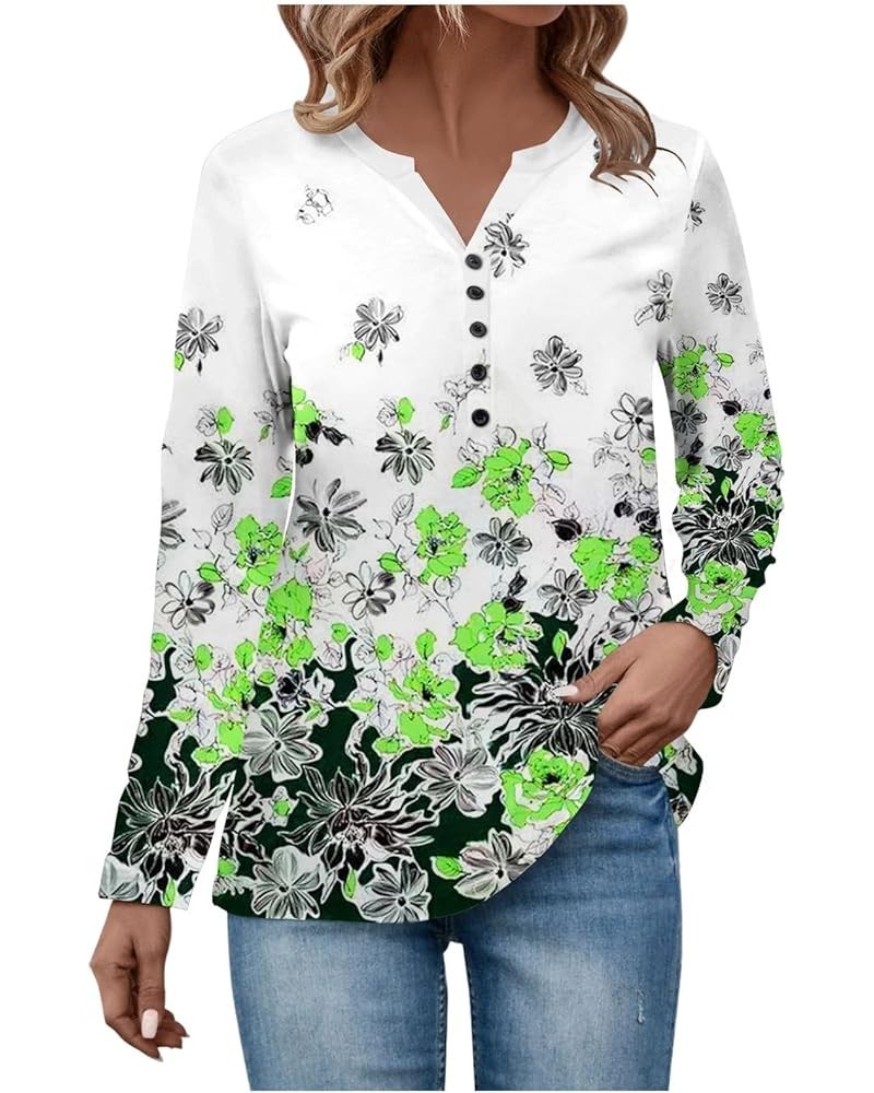 Long Sleeve Tee Shirts for Women V Neck Button Down Shirts Ethnic Floral Tunic Top Dressy Casual Henley Work Blouse 3-green $...