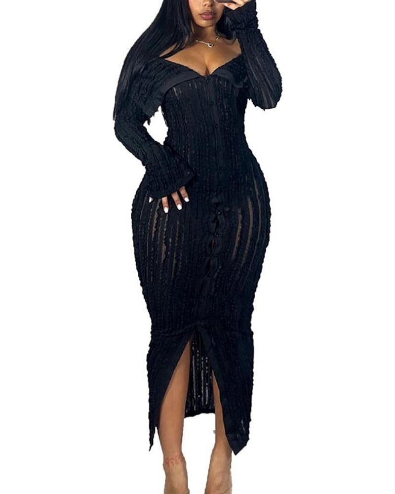 Women Sexy Off Shoulder Maxi Dress Long Sleeve Button Down Ruffle Mesh Bodycon Dresses Black $19.71 Dresses