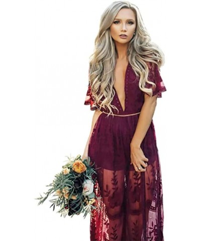 Womens Embroidery Floral Lace V Neck Short Sleeve Long Dress Casual Cocktail Party Maxi Wedding Dresses Style1 Red $22.27 Dre...