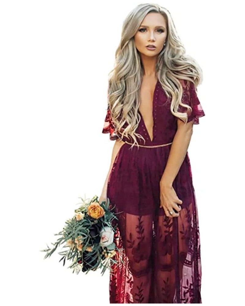 Womens Embroidery Floral Lace V Neck Short Sleeve Long Dress Casual Cocktail Party Maxi Wedding Dresses Style1 Red $22.27 Dre...