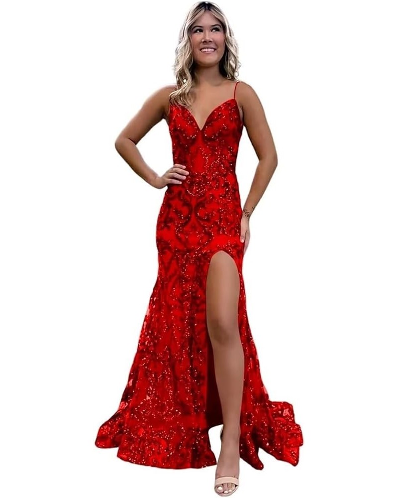 Sparkly Sequin Mermaid Prom Dress Spaghetti Straps Formal Evening Dress with Slit B Red $27.95 Dresses