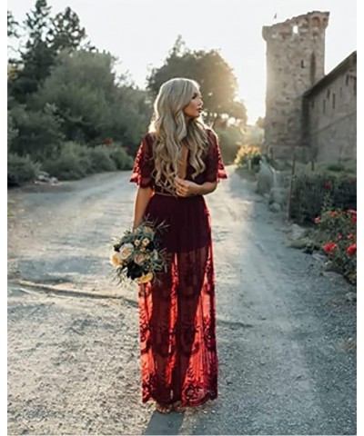 Womens Embroidery Floral Lace V Neck Short Sleeve Long Dress Casual Cocktail Party Maxi Wedding Dresses Style1 Red $22.27 Dre...