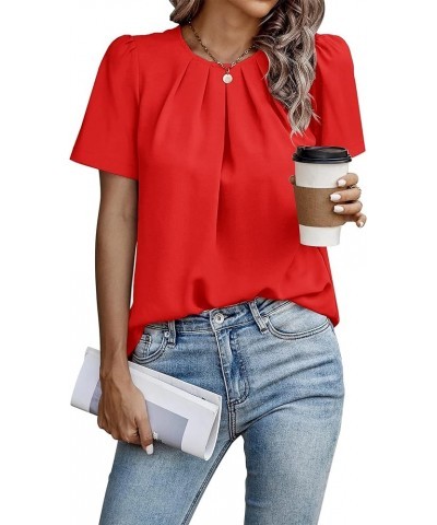 Women's Pleated Top Crew Neck Short Sleeve Office Work Blouse Shirt Red $10.39 Blouses