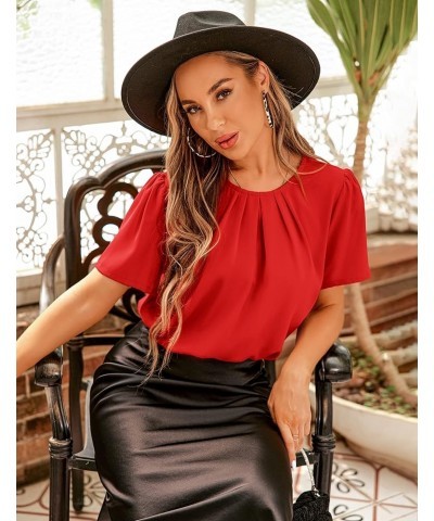 Women's Pleated Top Crew Neck Short Sleeve Office Work Blouse Shirt Red $10.39 Blouses