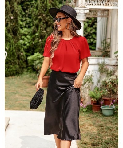 Women's Pleated Top Crew Neck Short Sleeve Office Work Blouse Shirt Red $10.39 Blouses