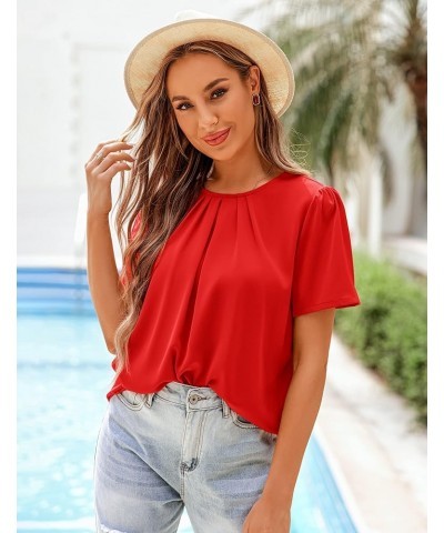 Women's Pleated Top Crew Neck Short Sleeve Office Work Blouse Shirt Red $10.39 Blouses