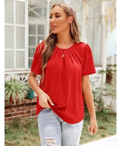 Women's Pleated Top Crew Neck Short Sleeve Office Work Blouse Shirt Red $10.39 Blouses