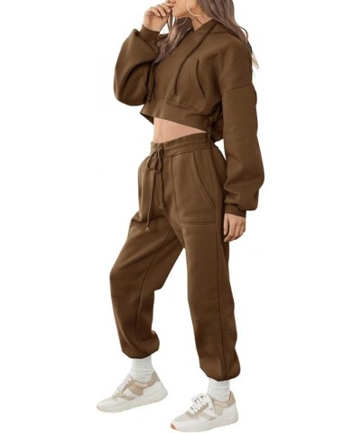 Women Sweatsuits Sets 2 Piece Outfits Cropped Hoodie Sweatshirt and Sweatpants Long Joggers with Pockets Brown $22.39 Activewear