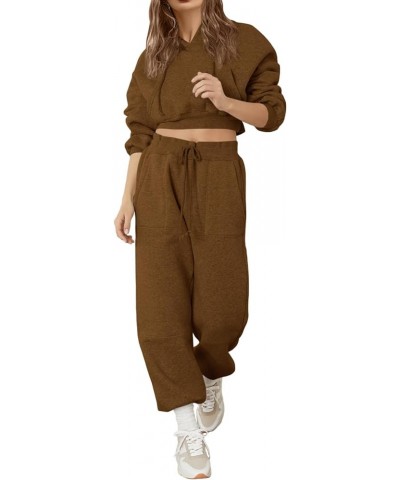 Women Sweatsuits Sets 2 Piece Outfits Cropped Hoodie Sweatshirt and Sweatpants Long Joggers with Pockets Brown $22.39 Activewear