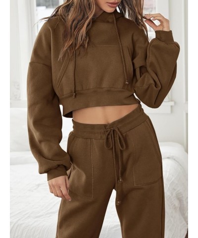 Women Sweatsuits Sets 2 Piece Outfits Cropped Hoodie Sweatshirt and Sweatpants Long Joggers with Pockets Brown $22.39 Activewear