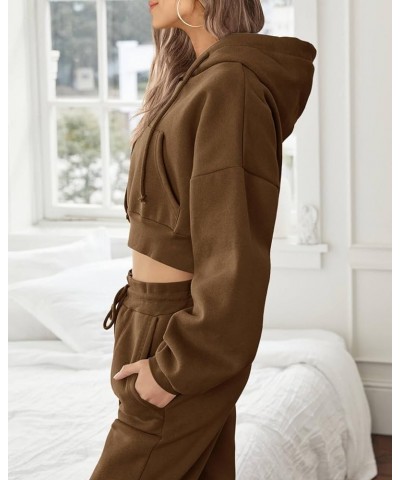 Women Sweatsuits Sets 2 Piece Outfits Cropped Hoodie Sweatshirt and Sweatpants Long Joggers with Pockets Brown $22.39 Activewear