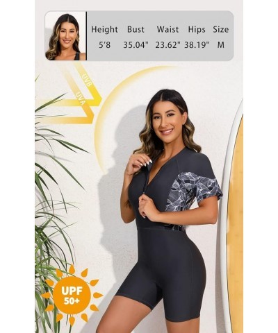 Womens Boyleg One Piece Rashguard Padded Swimsuit UPF 50 Front Zip Surf Wetsuit Leaf Print/Gray $21.56 Swimsuits