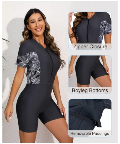 Womens Boyleg One Piece Rashguard Padded Swimsuit UPF 50 Front Zip Surf Wetsuit Leaf Print/Gray $21.56 Swimsuits