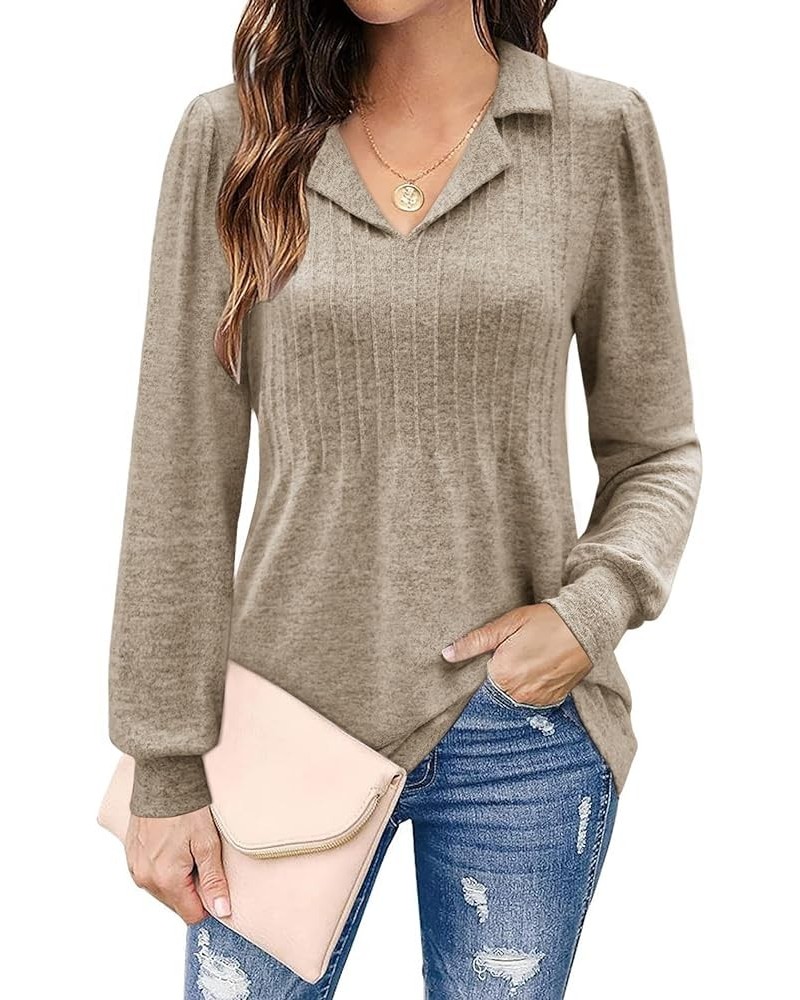 Womens Polo Shirts Pleated Puff Sleeve Tops Collared V Neck 2023 Business Casual Fall Tunic Tops Loose Fit S-XXL Khaki $9.99 ...