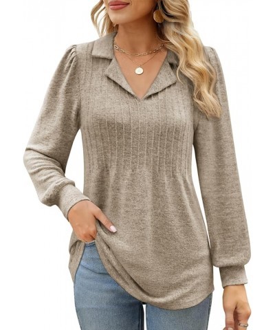 Womens Polo Shirts Pleated Puff Sleeve Tops Collared V Neck 2023 Business Casual Fall Tunic Tops Loose Fit S-XXL Khaki $9.99 ...