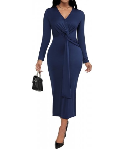 Women's Fall Dresses for Women 2023 Casual Long Sleeve Midi V-Neck Twist Front Ruched Cocktail Evening Dress with Slit Navy $...