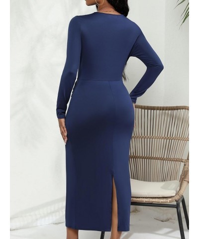 Women's Fall Dresses for Women 2023 Casual Long Sleeve Midi V-Neck Twist Front Ruched Cocktail Evening Dress with Slit Navy $...