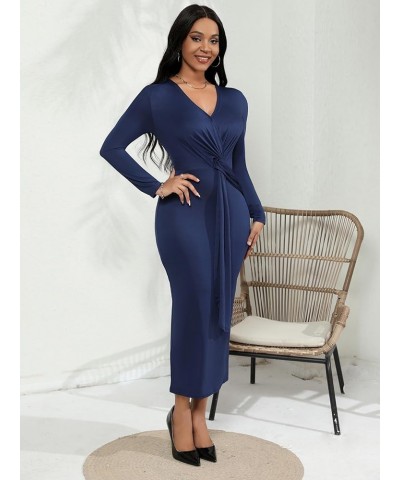 Women's Fall Dresses for Women 2023 Casual Long Sleeve Midi V-Neck Twist Front Ruched Cocktail Evening Dress with Slit Navy $...