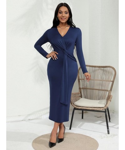 Women's Fall Dresses for Women 2023 Casual Long Sleeve Midi V-Neck Twist Front Ruched Cocktail Evening Dress with Slit Navy $...