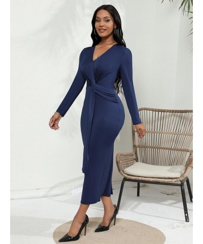 Women's Fall Dresses for Women 2023 Casual Long Sleeve Midi V-Neck Twist Front Ruched Cocktail Evening Dress with Slit Navy $...