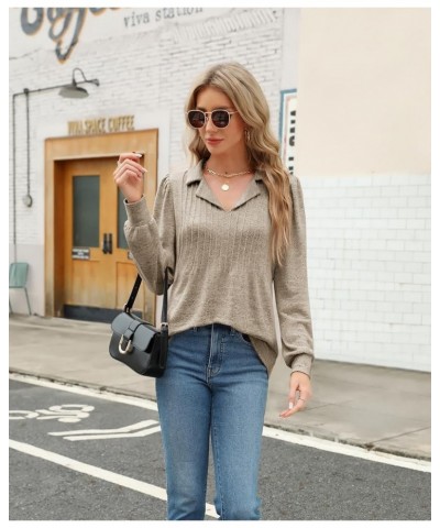 Womens Polo Shirts Pleated Puff Sleeve Tops Collared V Neck 2023 Business Casual Fall Tunic Tops Loose Fit S-XXL Khaki $9.99 ...