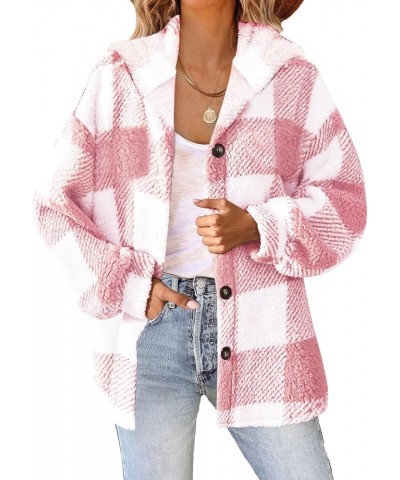 Womens Fuzzy Plaid Shacket Jacket Furry 2024 Spring Long Sleeve Button Down Warm Coats Fleece Lined Jackets E01-pink-1117 $6....