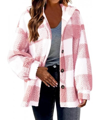 Womens Fuzzy Plaid Shacket Jacket Furry 2024 Spring Long Sleeve Button Down Warm Coats Fleece Lined Jackets E01-pink-1117 $6....