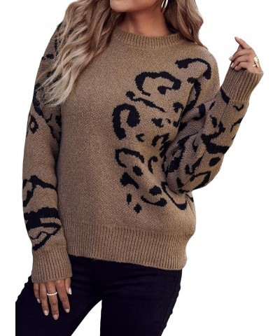 Women's Printed Sweater Round Neck Drop Shoulder Long Sleeve Pullover Top Brown Print $9.68 Sweaters