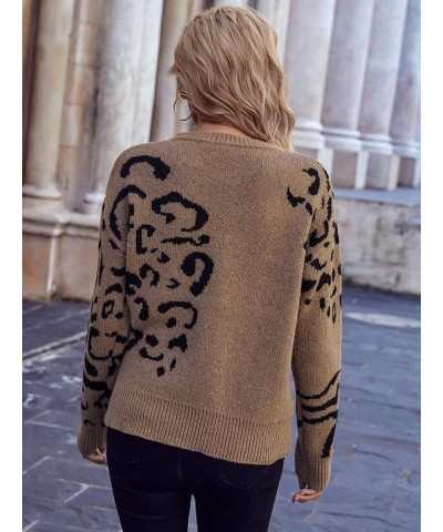 Women's Printed Sweater Round Neck Drop Shoulder Long Sleeve Pullover Top Brown Print $9.68 Sweaters