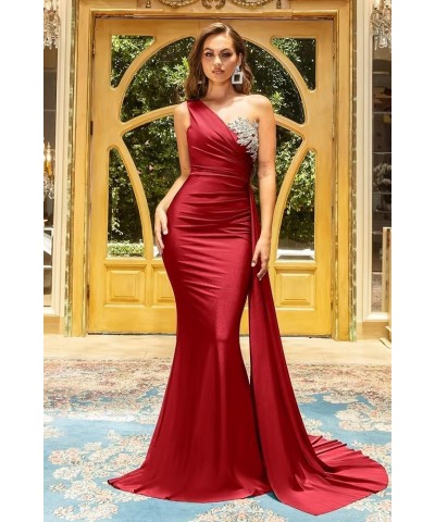 One Shoulder Beaded Bridesmaid Dresses for Women Long Satin Mermaid Ruched Formal Party Dress with Train YK510 Lavender $27.2...