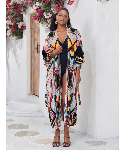 Women Long Beach Kimono Curve Hem Loose Open Front Tie Dye Bathing Suit Cover up 778-2 $17.84 Swimsuits