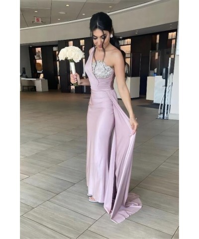 One Shoulder Beaded Bridesmaid Dresses for Women Long Satin Mermaid Ruched Formal Party Dress with Train YK510 Lavender $27.2...