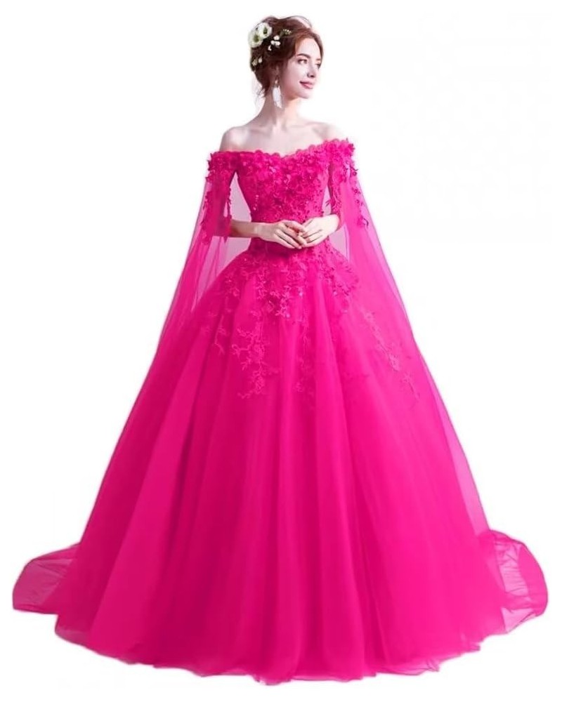 Women's Off Shoulder Quinceanera Dresses 15 16 Sweet Lace Ball Gown Wedding Dresses with Cape Hot Pink $35.70 Dresses