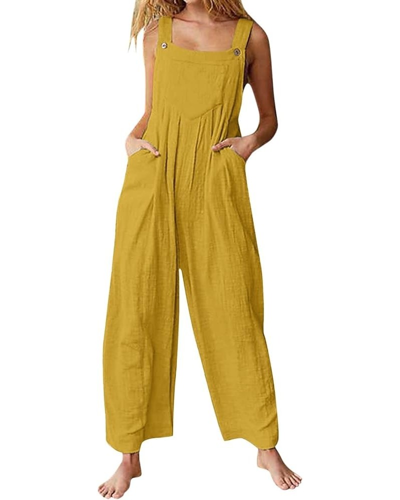 Linen Jumpsuits for Women Summer 2023 Casual Loose Plus Size Wide Leg Overalls Sleeveless Striped Romper with Pocket F-yellow...