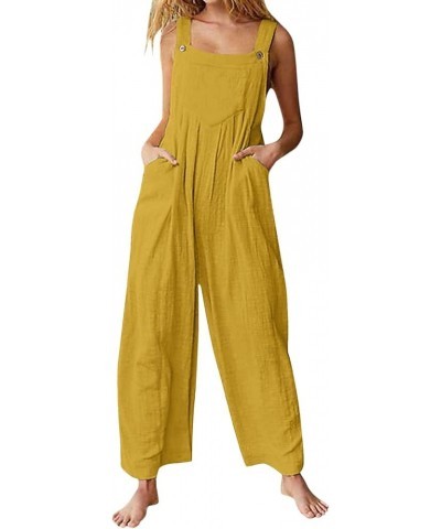 Linen Jumpsuits for Women Summer 2023 Casual Loose Plus Size Wide Leg Overalls Sleeveless Striped Romper with Pocket F-yellow...