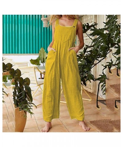 Linen Jumpsuits for Women Summer 2023 Casual Loose Plus Size Wide Leg Overalls Sleeveless Striped Romper with Pocket F-yellow...