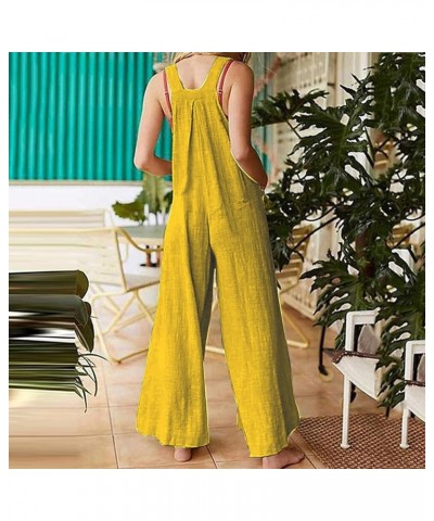 Linen Jumpsuits for Women Summer 2023 Casual Loose Plus Size Wide Leg Overalls Sleeveless Striped Romper with Pocket F-yellow...