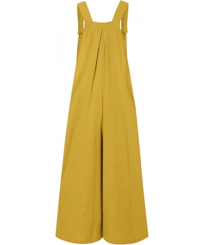 Linen Jumpsuits for Women Summer 2023 Casual Loose Plus Size Wide Leg Overalls Sleeveless Striped Romper with Pocket F-yellow...