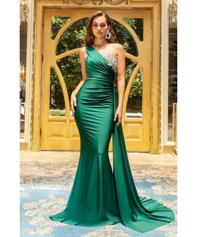 One Shoulder Beaded Bridesmaid Dresses for Women Long Satin Mermaid Ruched Formal Party Dress with Train YK510 Lavender $27.2...