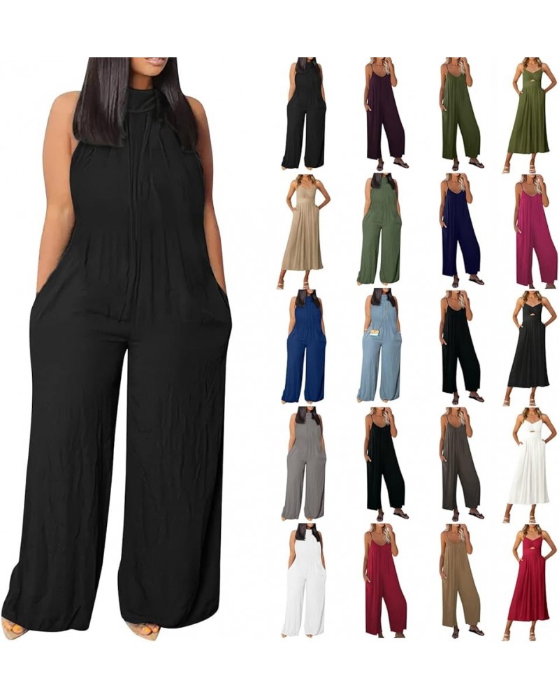 Jumpsuits For Women Summer Sexy Casual Wide Leg Cotton linen Rompers Fashion Sleeveless Backless Plus Size Overalls A Black $...